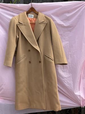 Bill Blass Wool Blend Coat Women Long Camel Double Breasted Classic Vintage - Thumbnail 3