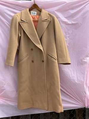Bill Blass Wool Blend Coat Women Long Camel Double Breasted Classic Vintage - Thumbnail 2