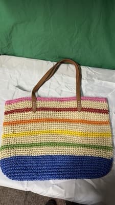 Colorful Straw Woven Tote Bag with Leather Straps – Large Beach Summer Bag