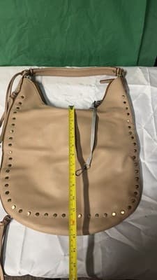 Large Beige Faux Leather Hobo Shoulder Bag Studded Boho Slouchy Tote 17x13” - Thumbnail 3