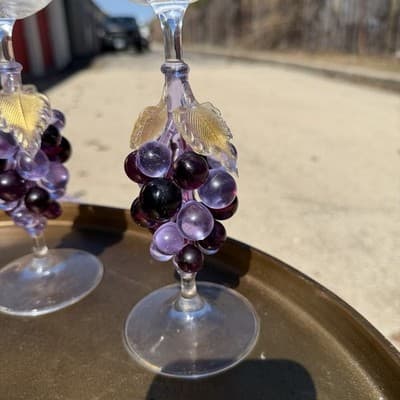 Vintage Wine Glasses Grape Stem Set of 2 - Thumbnail 2