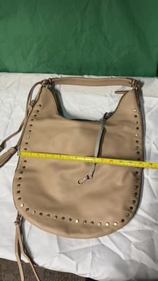 Large Beige Faux Leather Hobo Shoulder Bag Studded Boho Slouchy Tote 17x13” - Thumbnail 2