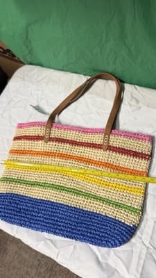 Colorful Straw Woven Tote Bag with Leather Straps – Large Beach Summer Bag - Thumbnail 2