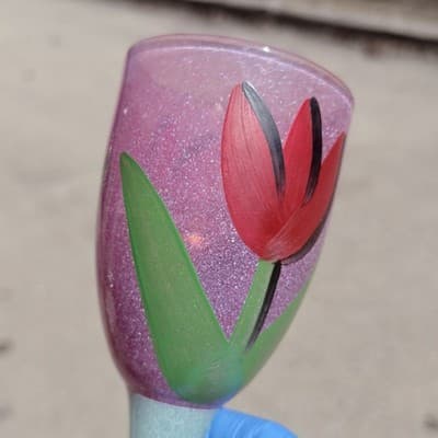 Kosta Bodą Hand Painted Wine Glass Floral Tulip Pink Stemware Art Glass - Thumbnail 5