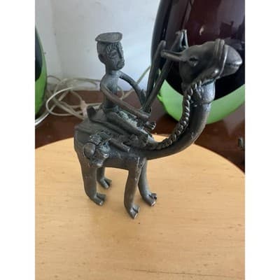 Vintage Bronze Camel Rider Figurine – Tribal Style Metal Sculpture – 5" x 4" - Thumbnail 4