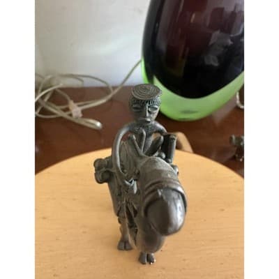 Vintage Bronze Camel Rider Figurine – Tribal Style Metal Sculpture – 5" x 4" - Thumbnail 9