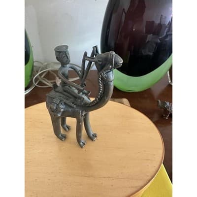 Vintage Bronze Camel Rider Figurine – Tribal Style Metal Sculpture – 5" x 4" - Thumbnail 5