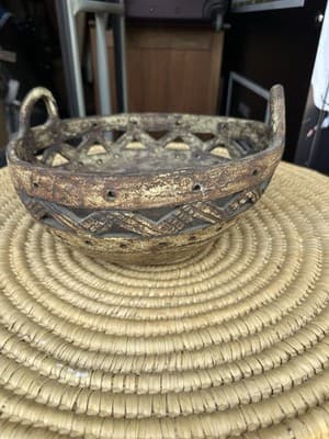 Rustic Cast Iron Decorative Bowl Basket 12” x 6” Handles Vintage Style