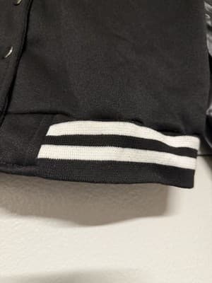 Women’s Cropped Varsity Jacket Black Faux Leather Sleeves Snap Button - Thumbnail 4