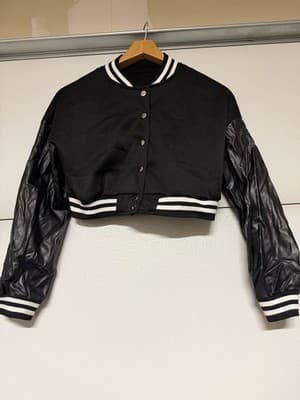 Women’s Cropped Varsity Jacket Black Faux Leather Sleeves Snap Button