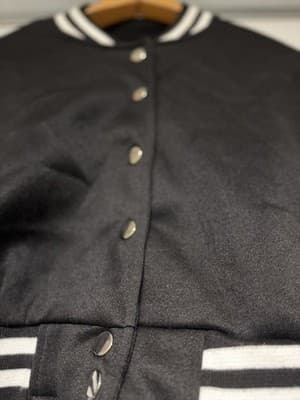 Women’s Cropped Varsity Jacket Black Faux Leather Sleeves Snap Button - Thumbnail 5