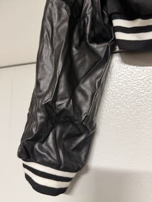 Women’s Cropped Varsity Jacket Black Faux Leather Sleeves Snap Button - Thumbnail 2