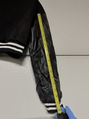 Women’s Cropped Varsity Jacket Black Faux Leather Sleeves Snap Button - Thumbnail 9