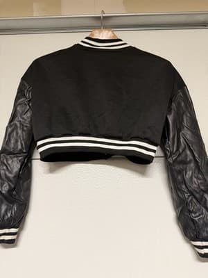 Women’s Cropped Varsity Jacket Black Faux Leather Sleeves Snap Button - Thumbnail 6