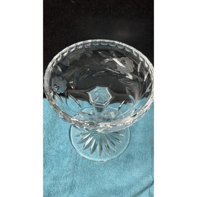 Vintage Cut Crystal Compote Dessert Dish 7" Hand Etched Floral - Thumbnail 3