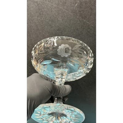 Vintage Cut Crystal Compote Dessert Dish 7" Hand Etched Floral - Thumbnail 5