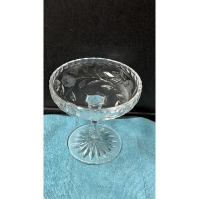 Vintage Cut Crystal Compote Dessert Dish 7" Hand Etched Floral - Thumbnail 8