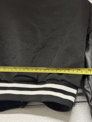 Women’s Cropped Varsity Jacket Black Faux Leather Sleeves Snap Button - Thumbnail 8