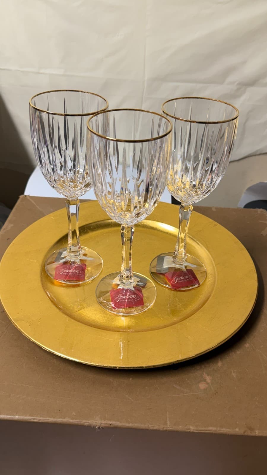 Set of 3 Gorham Crystal Wine Glasses with Gold Rim – New with Tags