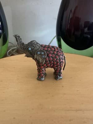 Vintage Metal Elephant Figurine – Red & Turquoise Beads – 3.5” x 3”