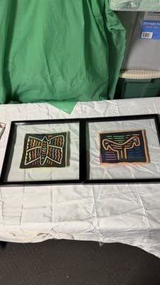 Pair Framed Textile Art Panels Hand Stitched Fabric Folk Style Wall Decor