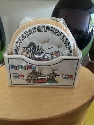 Panama Souvenir Coasters Set with Holder – Bridge & Canal Design – New
