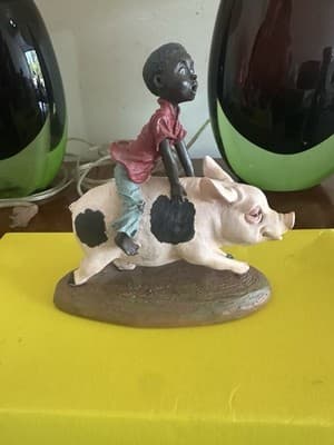 P.H. Artsi 1992 Figurine – Boy Riding Pig – Vintage Resin Sculpture 8” x 6”