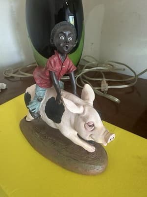P.H. Artsi 1992 Figurine – Boy Riding Pig – Vintage Resin Sculpture 8” x 6” - Thumbnail 3