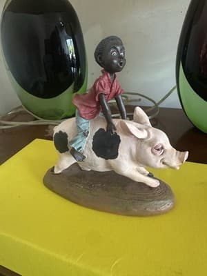 P.H. Artsi 1992 Figurine – Boy Riding Pig – Vintage Resin Sculpture 8” x 6” - Thumbnail 2