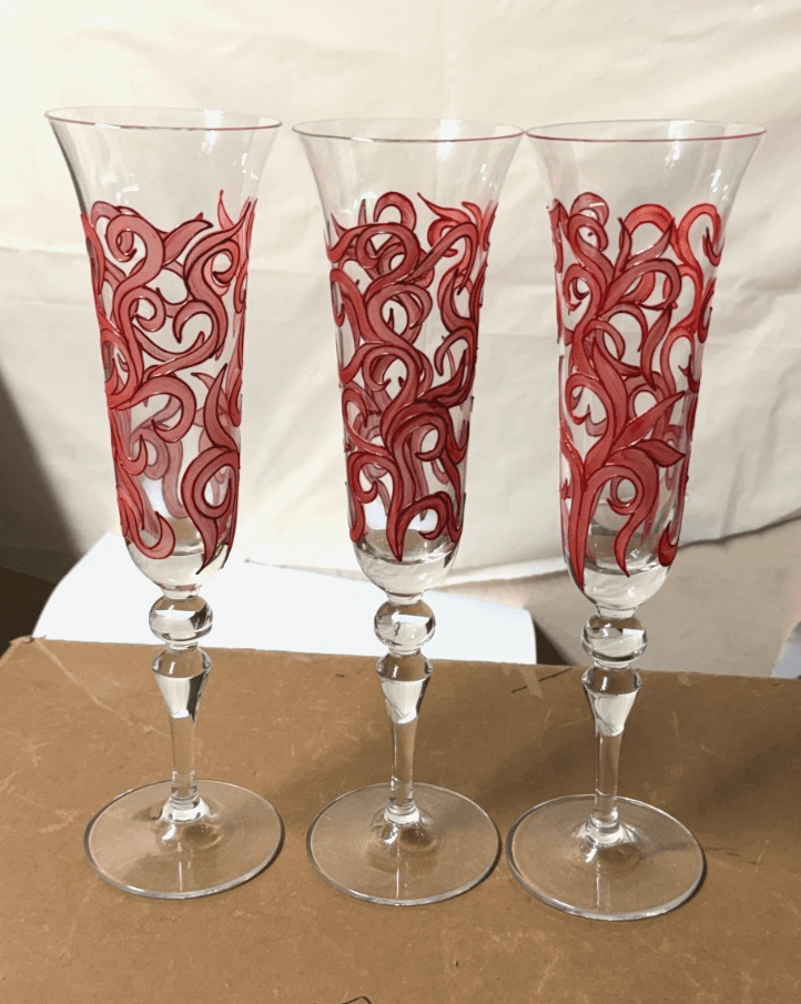 Set of 3 Red Swirl Hand-Painted Champagne Flutes – Elegant Glasses