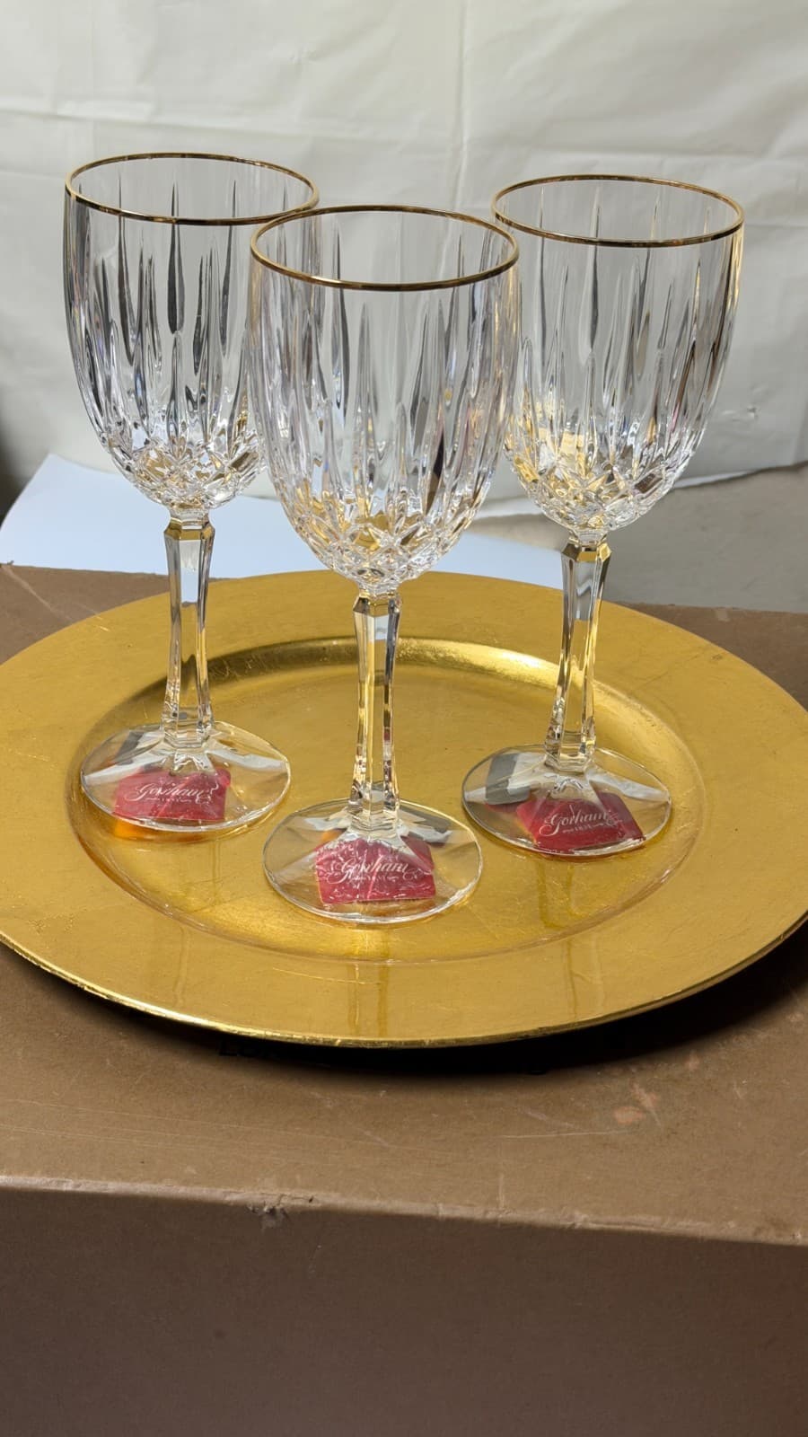 Set of 3 Gorham Crystal Wine Glasses with Gold Rim – New with Tags - Thumbnail 4