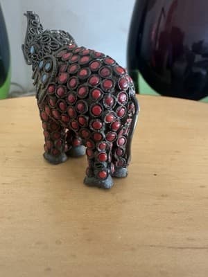 Vintage Metal Elephant Figurine – Red & Turquoise Beads – 3.5” x 3” - Thumbnail 2