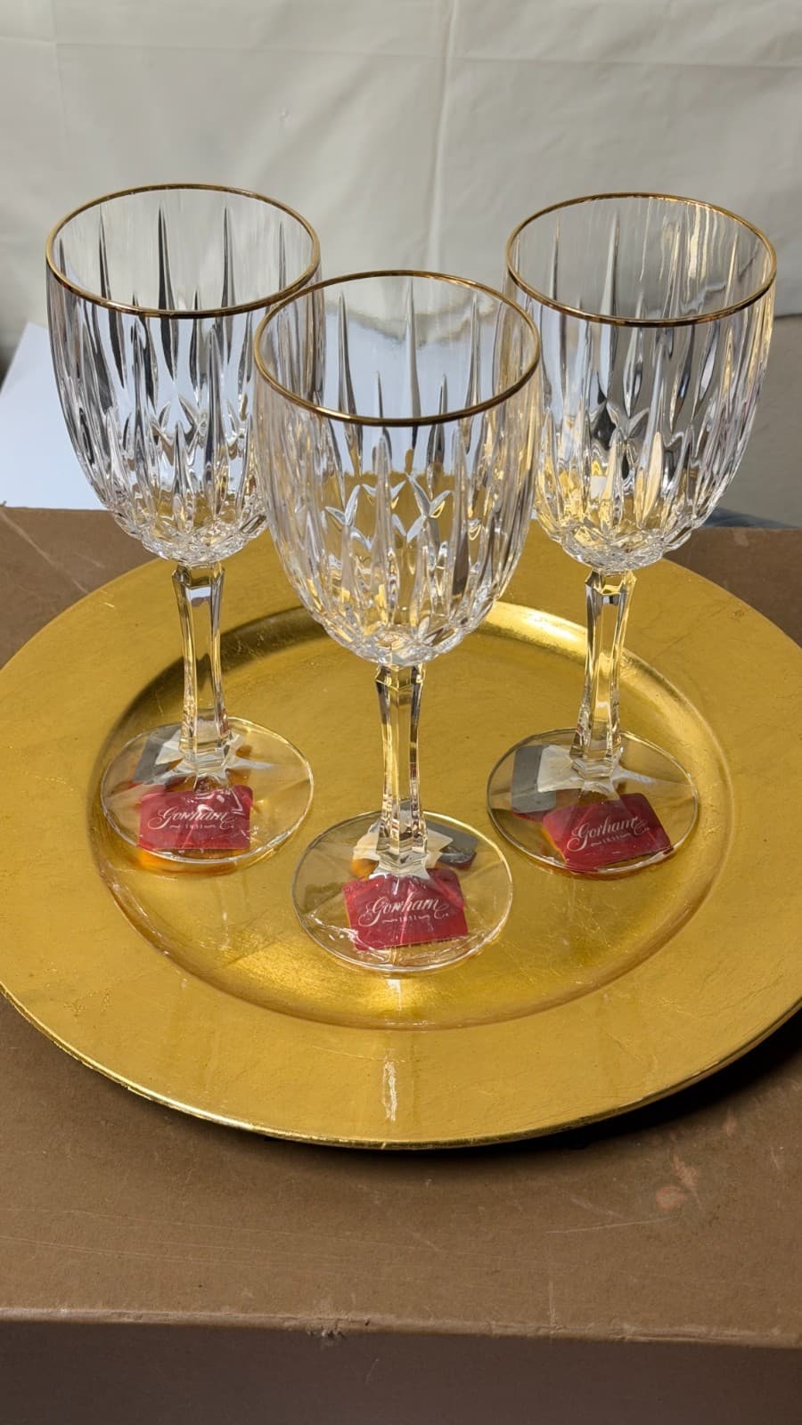 Set of 3 Gorham Crystal Wine Glasses with Gold Rim – New with Tags - Thumbnail 2