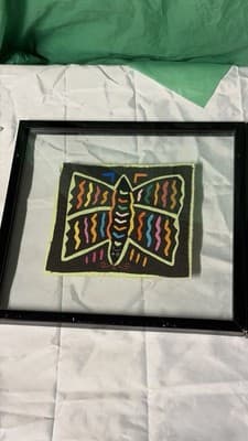 Pair Framed Textile Art Panels Hand Stitched Fabric Folk Style Wall Decor - Thumbnail 2