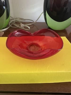 Vintage Red Murano Glass Bowl – Mid-Century Modern Art Glass – 7.5” x 6.5”