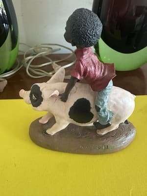P.H. Artsi 1992 Figurine – Boy Riding Pig – Vintage Resin Sculpture 8” x 6” - Thumbnail 4