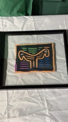 Pair Framed Textile Art Panels Hand Stitched Fabric Folk Style Wall Decor - Thumbnail 3