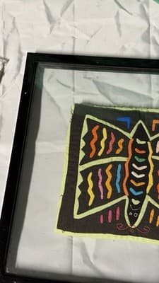 Pair Framed Textile Art Panels Hand Stitched Fabric Folk Style Wall Decor - Thumbnail 12