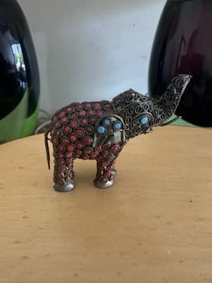 Vintage Metal Elephant Figurine – Red & Turquoise Beads – 3.5” x 3” - Thumbnail 3