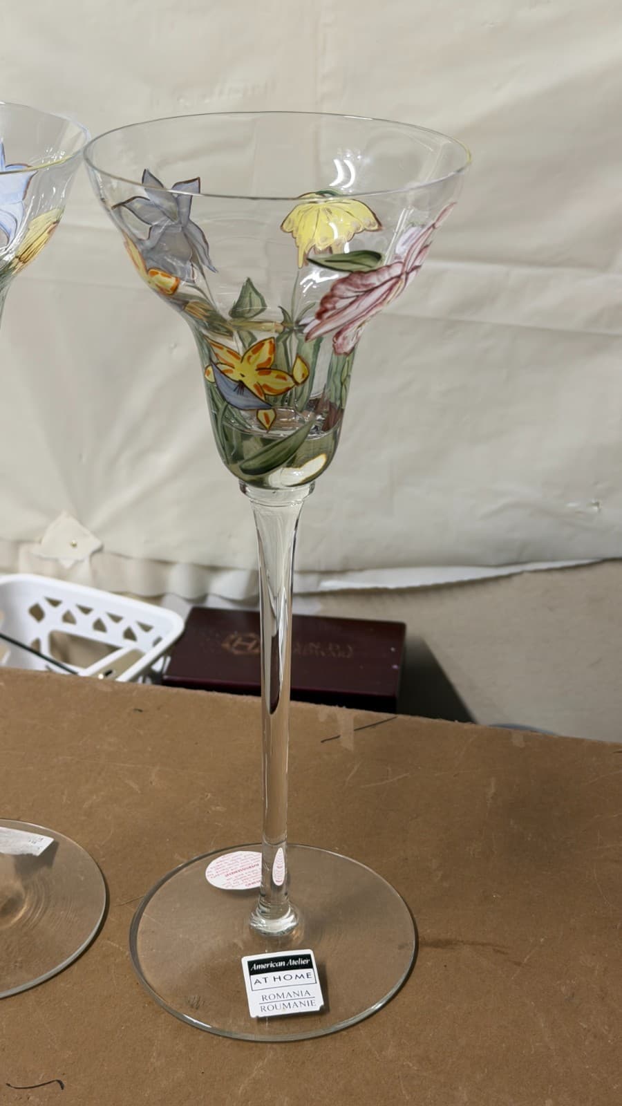 Set of 2 American Atelier Hand-Painted Floral Wine Glasses – Romania - Thumbnail 3