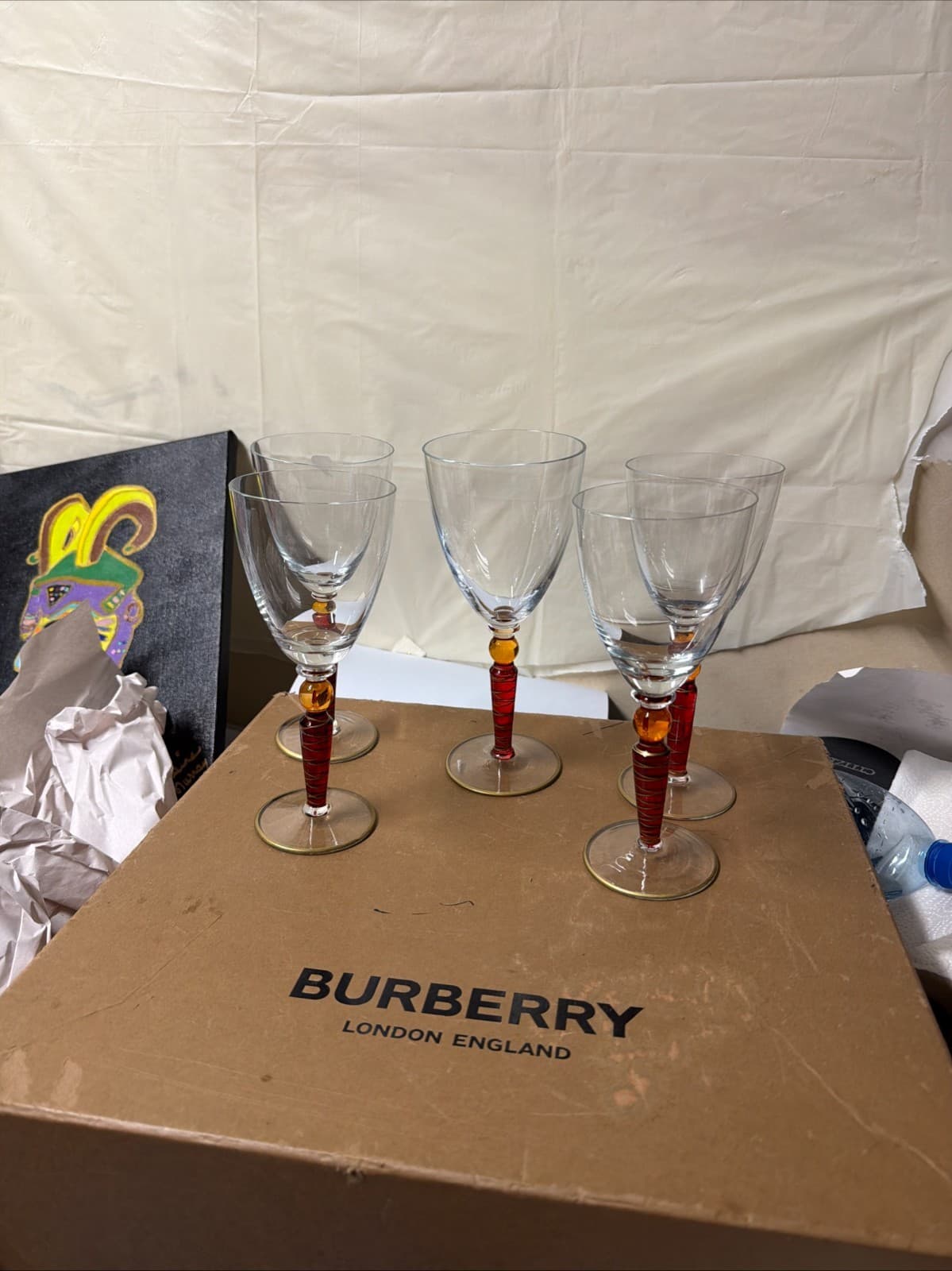 Set of 5 Handcrafted Amber Stem Wine Glasses – 4 Matching + 1 Variant - Thumbnail 2