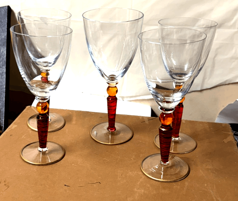 Set of 5 Handcrafted Amber Stem Wine Glasses – 4 Matching + 1 Variant