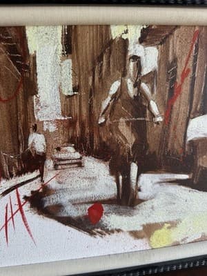 Framed City Street Scene Painting Vintage Car & Cyclist Signed Art Print - Thumbnail 3