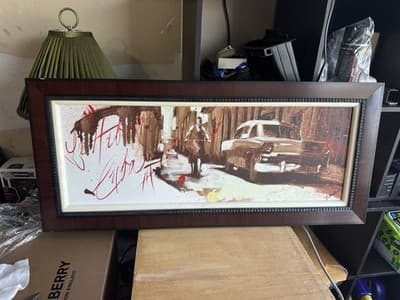 Framed City Street Scene Painting Vintage Car & Cyclist Signed Art Print