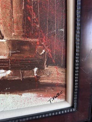 Framed City Street Scene Painting Vintage Car & Cyclist Signed Art Print - Thumbnail 5