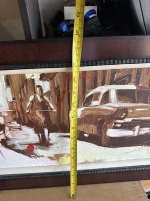 Framed City Street Scene Painting Vintage Car & Cyclist Signed Art Print - Thumbnail 10