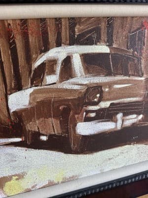 Framed City Street Scene Painting Vintage Car & Cyclist Signed Art Print - Thumbnail 4
