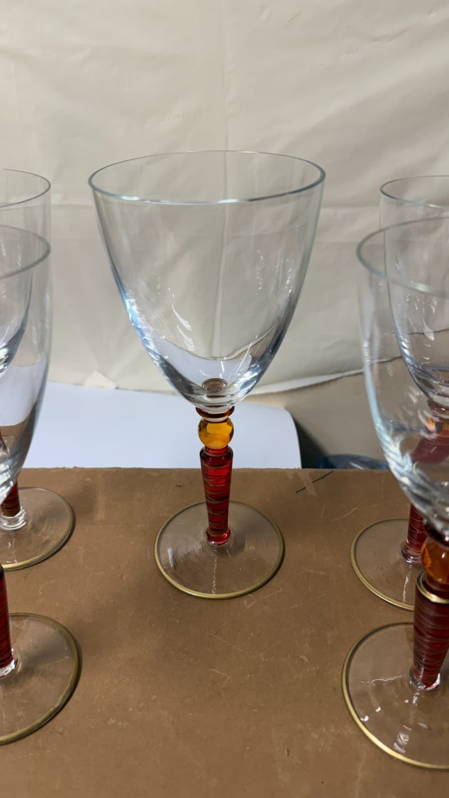 Set of 5 Handcrafted Amber Stem Wine Glasses – 4 Matching + 1 Variant - Thumbnail 6