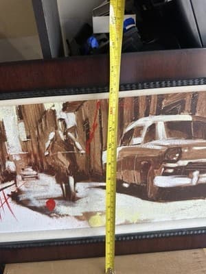 Framed City Street Scene Painting Vintage Car & Cyclist Signed Art Print - Thumbnail 11