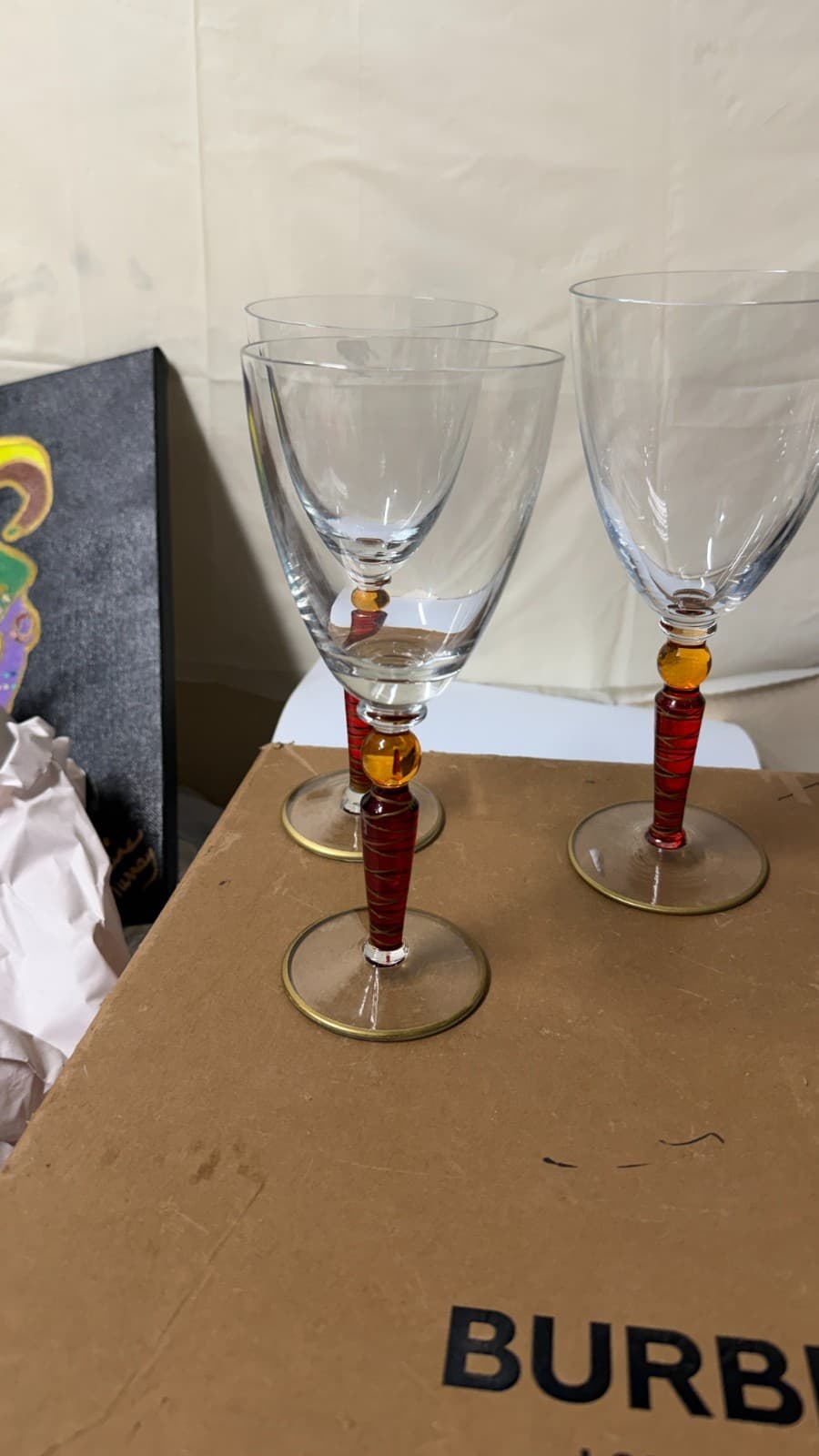 Set of 5 Handcrafted Amber Stem Wine Glasses – 4 Matching + 1 Variant - Thumbnail 7